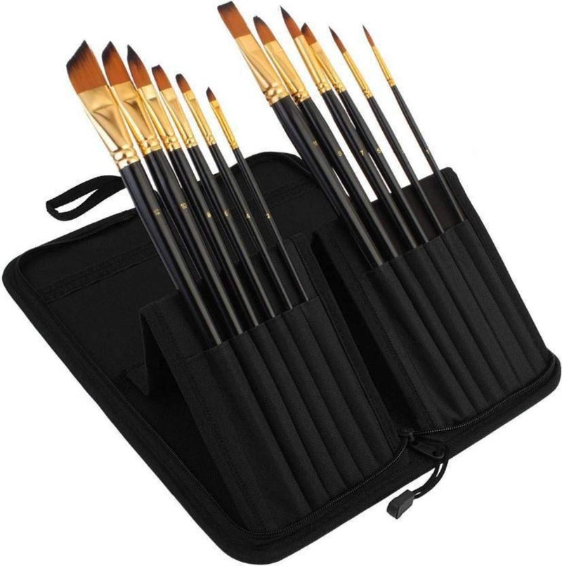 chrome Chrome Set of 12 Premium & Exclusive Fine Art Long Handled Paint Brush + Zippered Carry Bag with Pop-Up Stand - for Oil Acrylic Watercolor Painting - Image 1