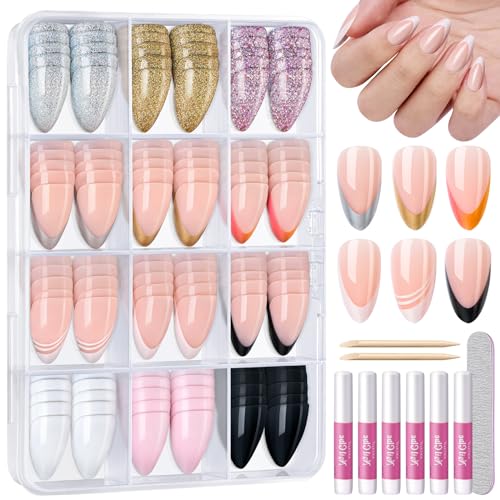 TsMADDTs French Tip Press On Nails Almond 12Colors 288PCS Short Fake Nails Kit for Women with File and Cuticle Pushers