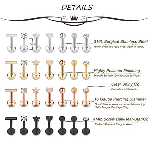 Masedy 16Pcs 16G 316L Stainless Steel CZ Labret Monroe Lip Rings Cartilage Helix Tragus Nose Piercing 6-8MM (D: 28Pcs 8MM) - Image 3