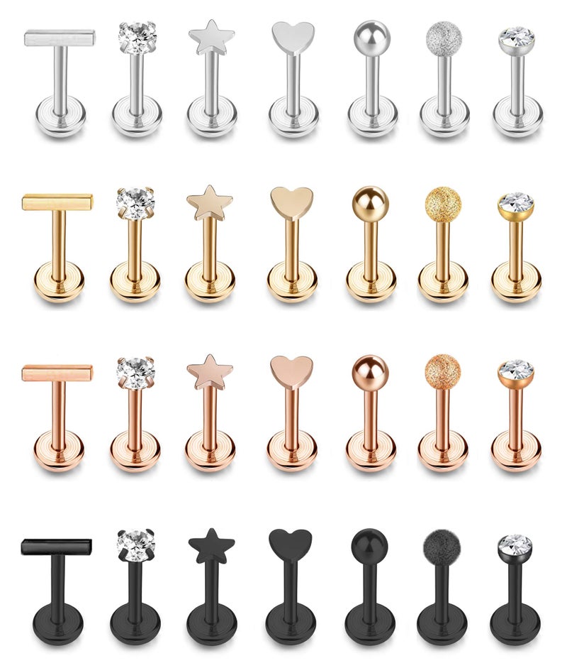 Masedy 16Pcs 16G 316L Stainless Steel CZ Labret Monroe Lip Rings Cartilage Helix Tragus Nose Piercing 6-8MM (D: 28Pcs 8MM) - Image 1