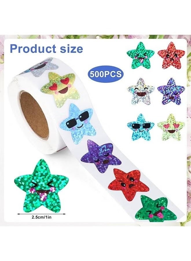 Smiling Star Stickers, 1000 pcs 1 Inch Small Star Stickers Roll Self Adhesive Glitter Sparkly Foil Star Holographic Stickers for Kid School Classroom Teacher Reward Decoration Crafts Supplies (2PACK) - Image 2