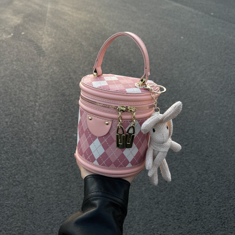 Portable Small Bag Women'S Arrival Rabbit Pendant Texted Shoulder Bag Fashionable All-Match Rhombic Printed Bucket Bag - Image 5