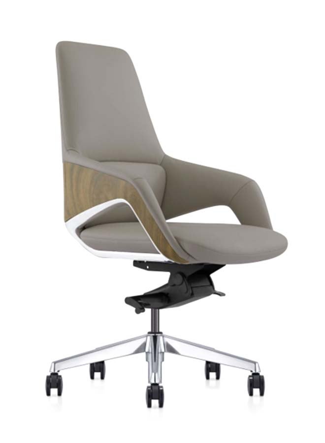 NEO FRONT FURNITURE Low Back Office Chair – Premium Grey PU Eco Leather Executive Chair with Wooden Steel Armrest, Height Adjustment, 360° Swivel & Thick Cushion for Meeting Room, Visitor Seating & Chairman Guest Use ( FK005-B )
