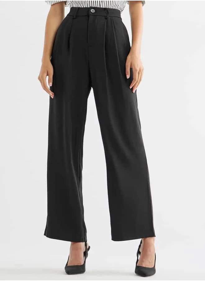 FAV Solid Regular Fit Trousers with Pleat Detail and Pockets