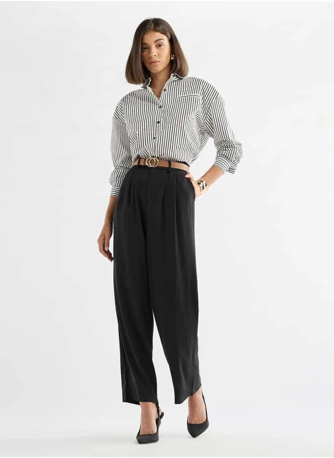 FAV Solid Regular Fit Trousers with Pleat Detail and Pockets