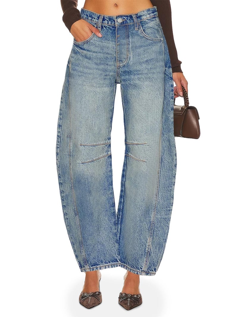 PLNOTME Women's Baggy Boyfriend Jeans Vintage Wide Leg Mid Rise Barrel Denim Ankle Pants - Image 2