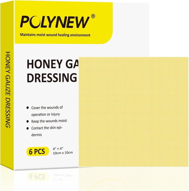 POLYNEW Manuka Honey Gauze Dressing 6 Individual Pack 4x4 Patches Manuka Honey Wound Care Gauze for Cuts Scald and Burns for Wound Healing Dressing - Image 1