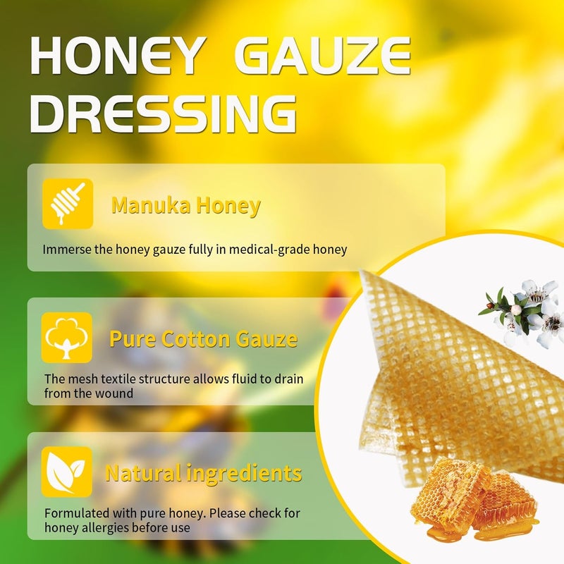 POLYNEW Manuka Honey Gauze Dressing 6 Individual Pack 4x4 Patches Manuka Honey Wound Care Gauze for Cuts Scald and Burns for Wound Healing Dressing - Image 2