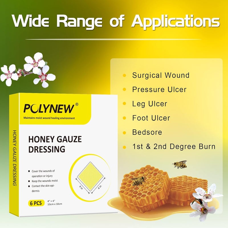 POLYNEW Manuka Honey Gauze Dressing 6 Individual Pack 4x4 Patches Manuka Honey Wound Care Gauze for Cuts Scald and Burns for Wound Healing Dressing - Image 4