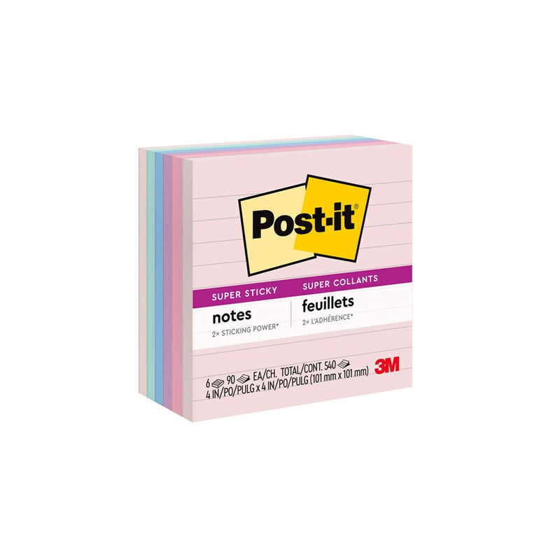 3M Post-it Notes Super Sticky Recycled Notes in Wanderlust Pastels Collection Colors, Note Ruled, 4" x 4", 90 Sheets/Pad, 6 Pads/Pack - Image 1