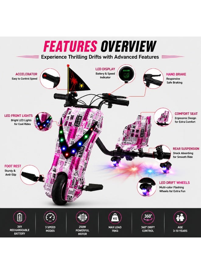 Kids Electric Drift Trike 250W with LED Lights, Safety Helmet & Protective Gear, 36V Battery, 3 Speed Modes, Max Load 70kg - Image 2