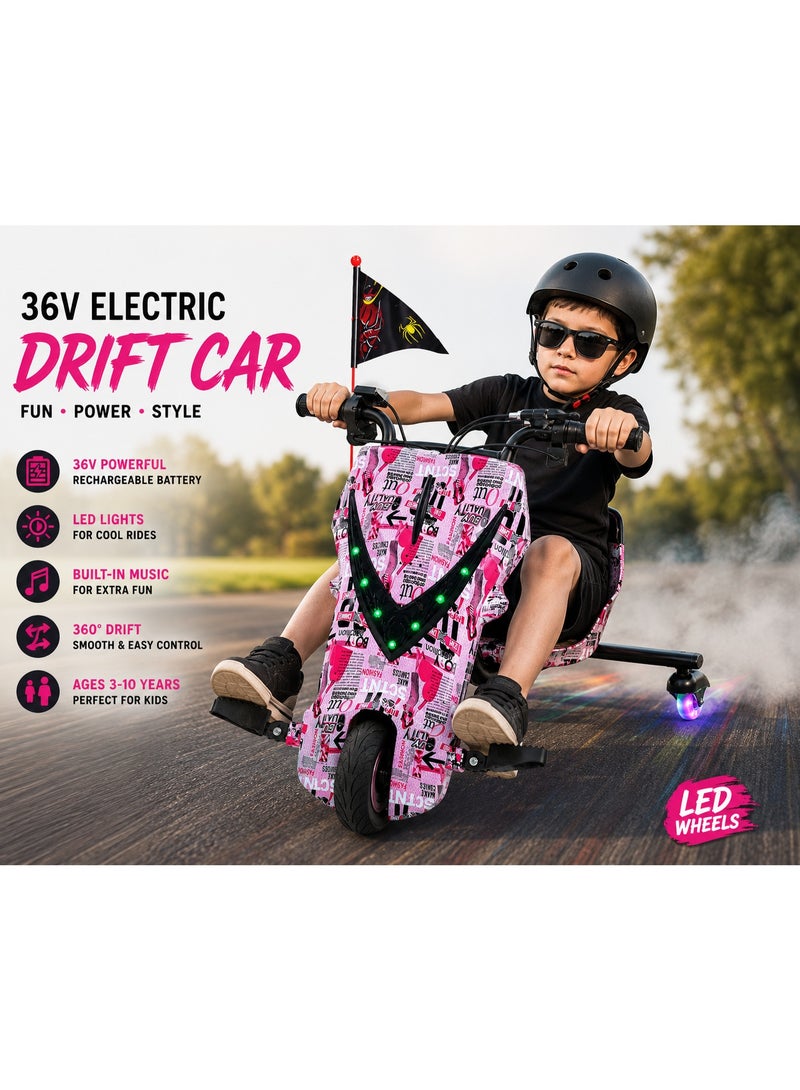 Kids Electric Drift Trike 250W with LED Lights, Safety Helmet & Protective Gear, 36V Battery, 3 Speed Modes, Max Load 70kg - Image 3