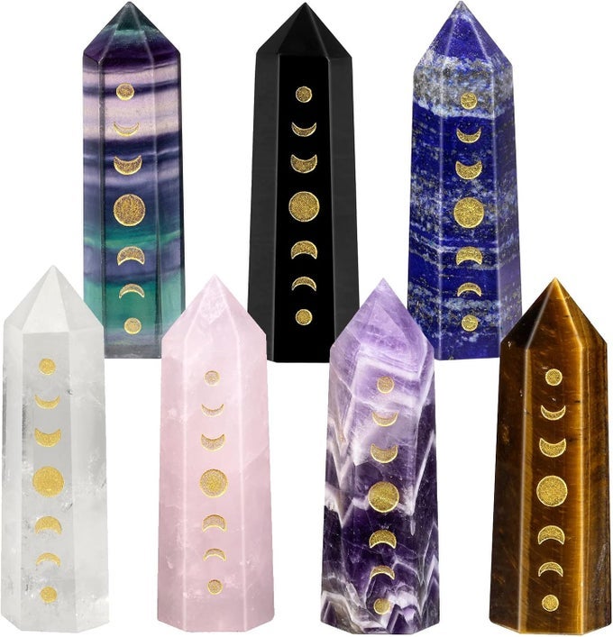 7 CHAKRA MOON PHARE LUNAR ECLIPASE CRYSTAL WAND, POLISHED ENGRAVED HEXAGONAL COLUMN CRYSTAL POINT WANDFOR HOME DECORATION YOGA MEDITATION REIKI HEALING