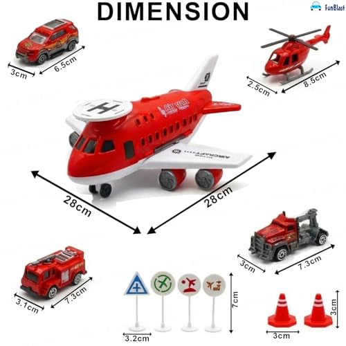 FunBlast Fire Rescue Airplane Toy Set – Big Aircraft with 4 Fire Vehicles, Helicopter, Road Signs & Cones, DIY Firefighter Playset for Kids, Educational Role Play Toy for Boys & Girls (Red) - Image 2