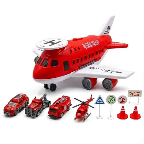 FunBlast Fire Rescue Airplane Toy Set – Big Aircraft with 4 Fire Vehicles, Helicopter, Road Signs & Cones, DIY Firefighter Playset for Kids, Educational Role Play Toy for Boys & Girls (Red) - Image 1