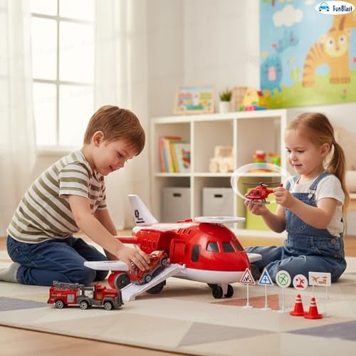 FunBlast Fire Rescue Airplane Toy Set – Big Aircraft with 4 Fire Vehicles, Helicopter, Road Signs & Cones, DIY Firefighter Playset for Kids, Educational Role Play Toy for Boys & Girls (Red) - Image 4