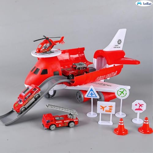 FunBlast Fire Rescue Airplane Toy Set – Big Aircraft with 4 Fire Vehicles, Helicopter, Road Signs & Cones, DIY Firefighter Playset for Kids, Educational Role Play Toy for Boys & Girls (Red) - Image 5