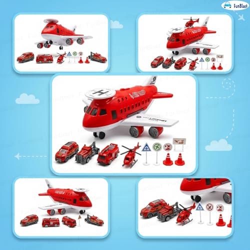 FunBlast Fire Rescue Airplane Toy Set – Big Aircraft with 4 Fire Vehicles, Helicopter, Road Signs & Cones, DIY Firefighter Playset for Kids, Educational Role Play Toy for Boys & Girls (Red) - Image 3