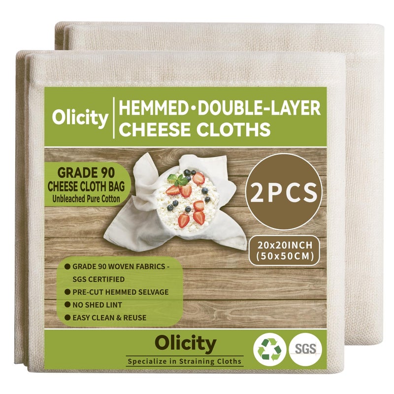 Olicity Cheese Cloths 2PCS DoubleLayer 20x20Inch Reusable Grade 90 Cheese Cloth Bag for Straining Hemmed Unbleached Cotton Precut Fine Mesh Muslin Cheesecloth for Juicing Butter Canning