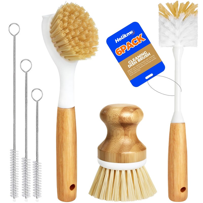 Holikme 6 Pack Dish Brush Kitchen Brushes Set with Vegetable Palm Brush, Bottle Brush, Dish Brush and Straw Brush, Fruit Cleaning Brushes for Cleaning Potato Skillet Wok Pot Pan Cast Iron, Yellow - Image 1