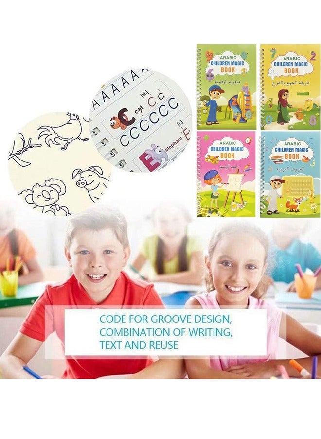 دفاتر نسخ سحرية عربية مكونة من 4 قطع للأطفال، قابلة لإعادة الاستخدام، أبجدية عربية، رياضيات، أرقام، لعبة تدريب على الرسم، شاملة - Image 4