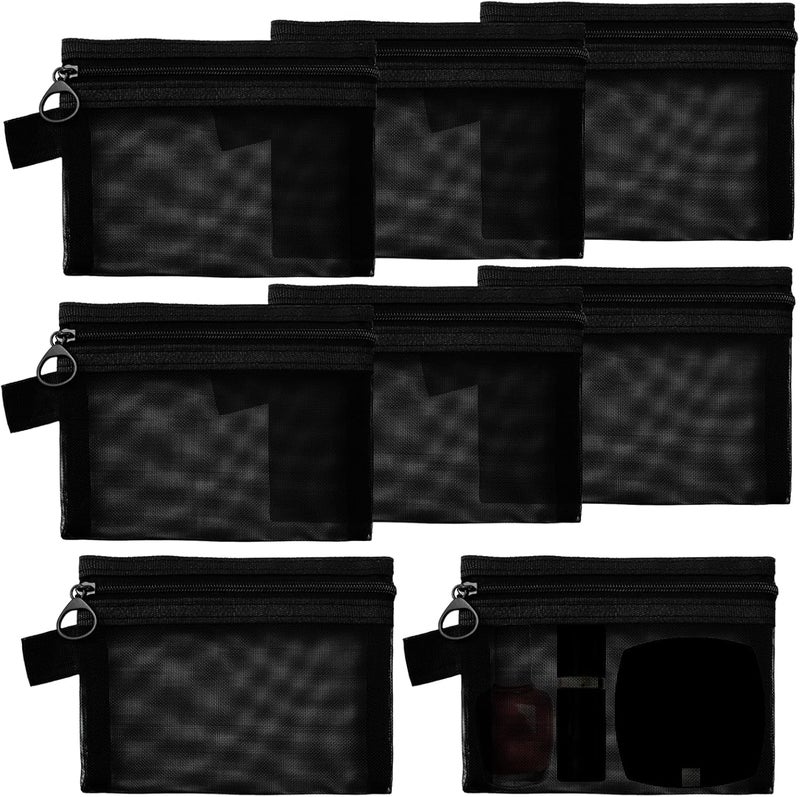 8 قطع حقيبة سحاب صغيرة سوداء محفظة نقود حقيبة شبكية صغيرة حقيبة تجميل سفر محمولة حقيبة مكياج تنظيم تخزين مع سلسلة مفاتيح للنساء