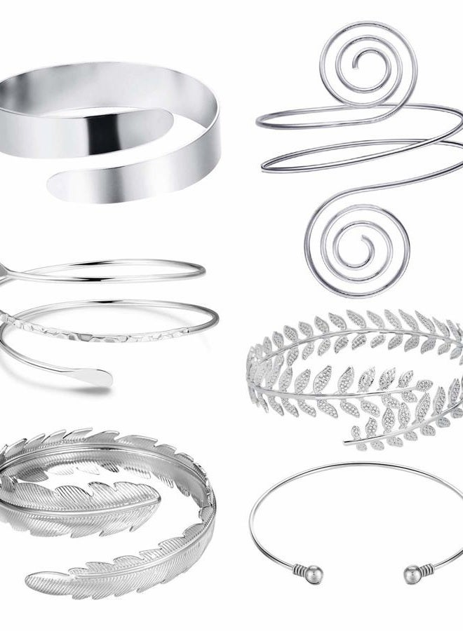 RIOSO 6 Pieces Arm Cuff Upper Arm Band Cuff Bracelet Bangle for Women Silver Gold Adjustable Armband Set A: Silver - Image 1