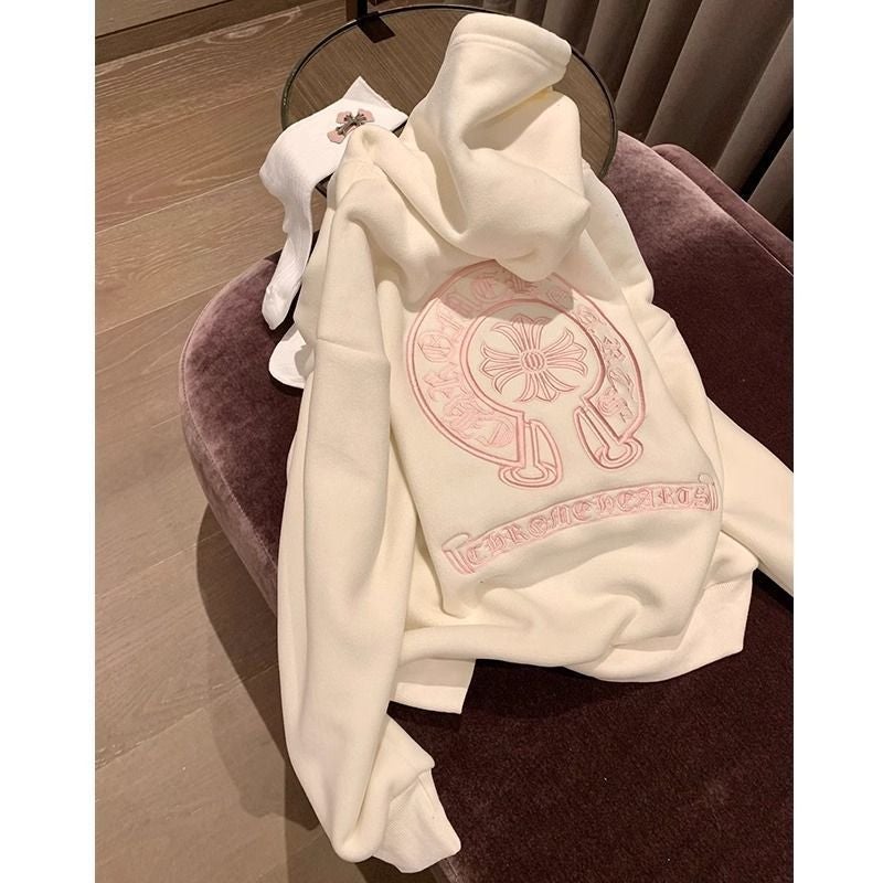American Style Vintage Embroidered Hooded Sweatshirt Womens Loose Autumn and Winter fleece-lined Thickened Design oversize Style Trendy Coat Off-white