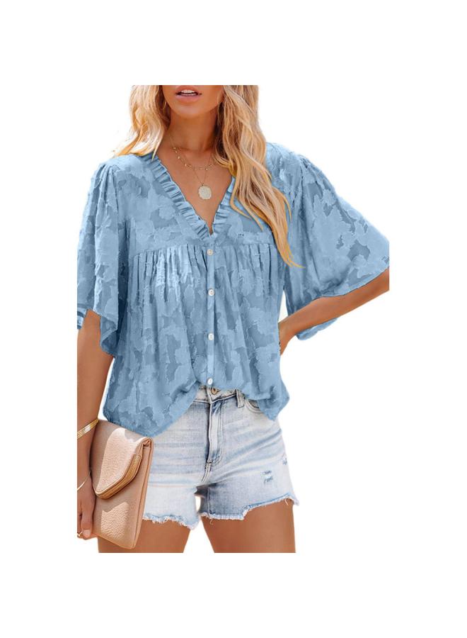 VUELO Summer New V-neck Cardigan Half Sleeve Chiffon Shirt European And American Women's Fashion Solid Color Top Women