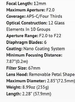 Rokinon 12mm F2.0 NCS CS Ultra Wide Angle Fixed Lens for Olympus and Panasonic Micro 4/3 (MFT) Mount Digital Cameras (Black) (RK12M-MFT)  - Image 2