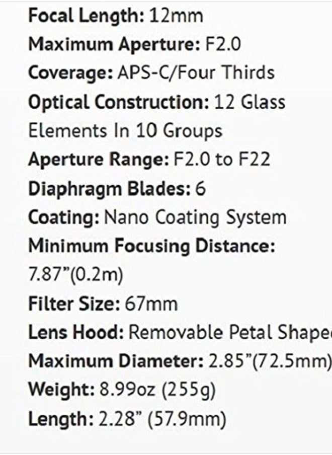 Rokinon 12mm F2.0 NCS CS Ultra Wide Angle Fixed Lens for Olympus and Panasonic Micro 4/3 (MFT) Mount Digital Cameras (Black) (RK12M-MFT)  - Image 2