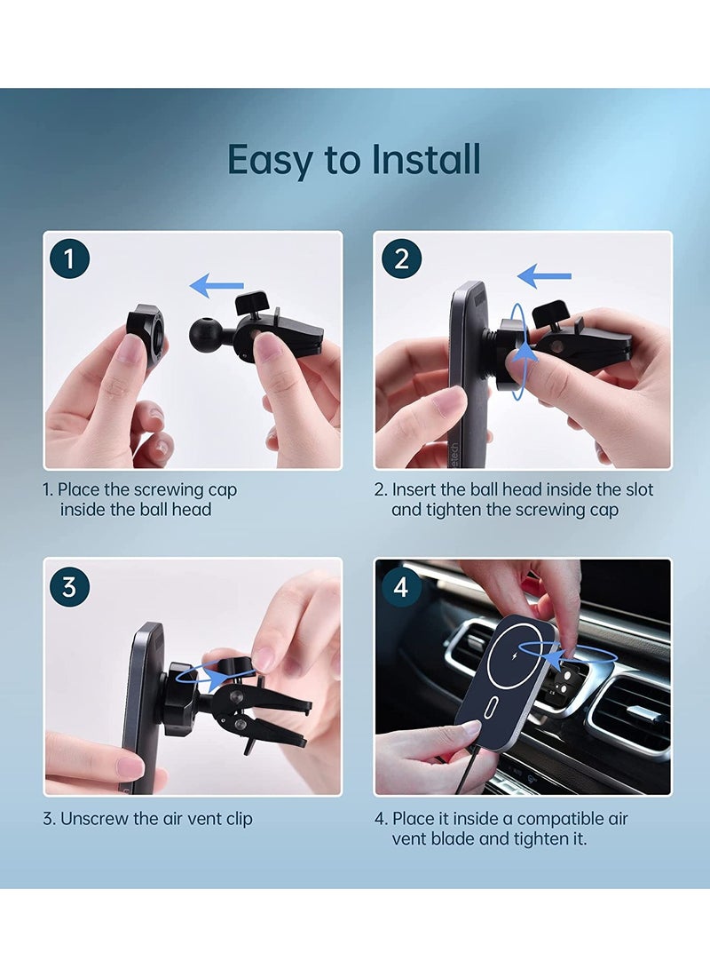 KASTWAVE MagSafe Car Mount Charger, 360 Adjustable Magnetic Wireless Car Charger, Air Vent Magnetic Car Mount Phone Holder Charger Compatible with MagSafe iPhone 14 13 12 Series (with Car Adapter) - Image 5