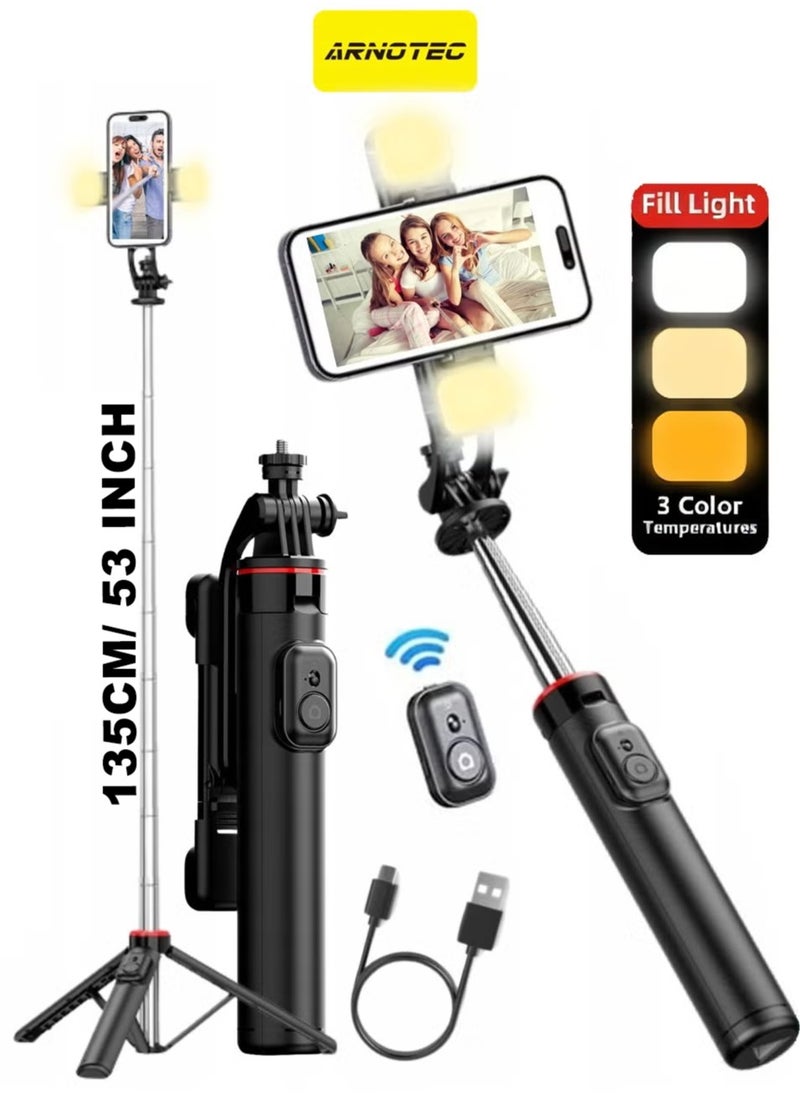 ARNOTEC - 53 Inches(135cm) Selfie Sticks Tripod,Separate design smartphone tripod Stand with Wireless Remote Control and Double fill light Portable Retractable Cell Phone Tripod for iPhone/Samsung/GoPro/Android Phonem Length 135CM - Image 1