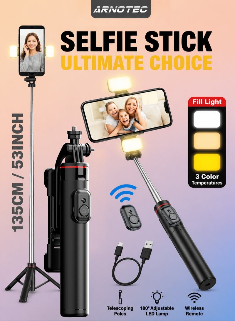 ARNOTEC 53 Inches(135cm) Selfie Sticks Tripod,Separate design smartphone tripod Stand with Wireless Remote Control and Double fill light Portable Retractable Cell Phone Tripod for iPhone/Samsung/GoPro/Android Phonem Length 135CM - Image 1