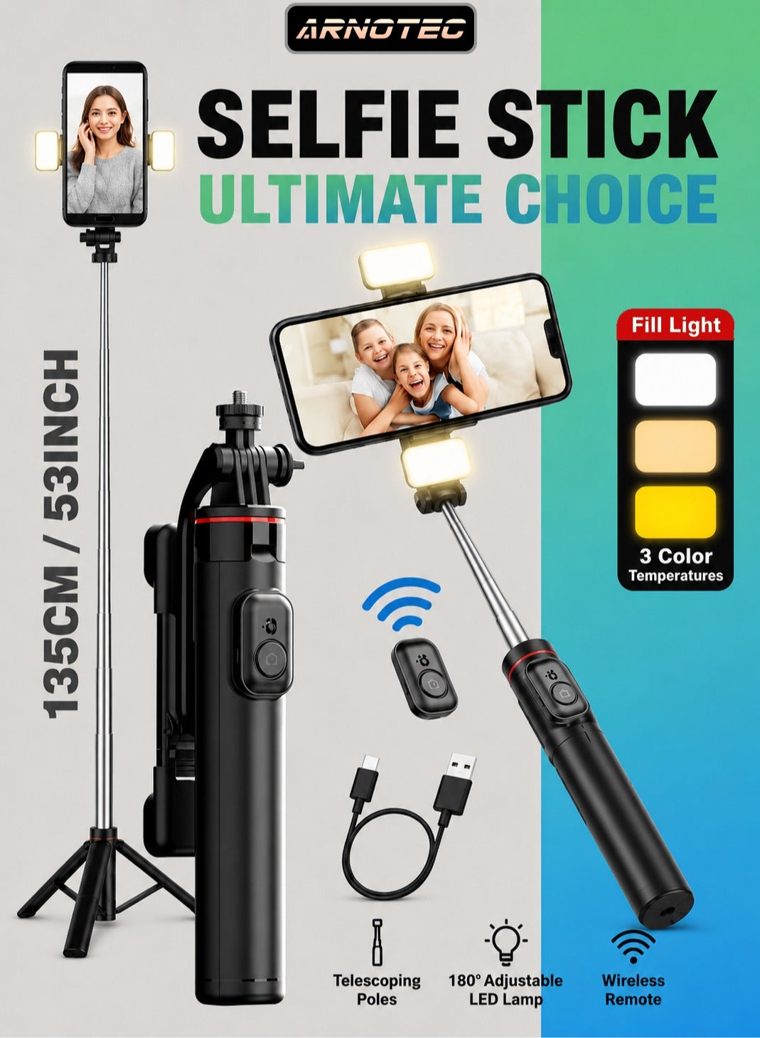 ARNOTEC 53 Inches(135cm) Selfie Sticks Tripod,Separate design smartphone tripod Stand with Wireless Remote Control and Double fill light Portable Retractable Cell Phone Tripod for iPhone/Samsung/GoPro/Android Phonem Length 135CM