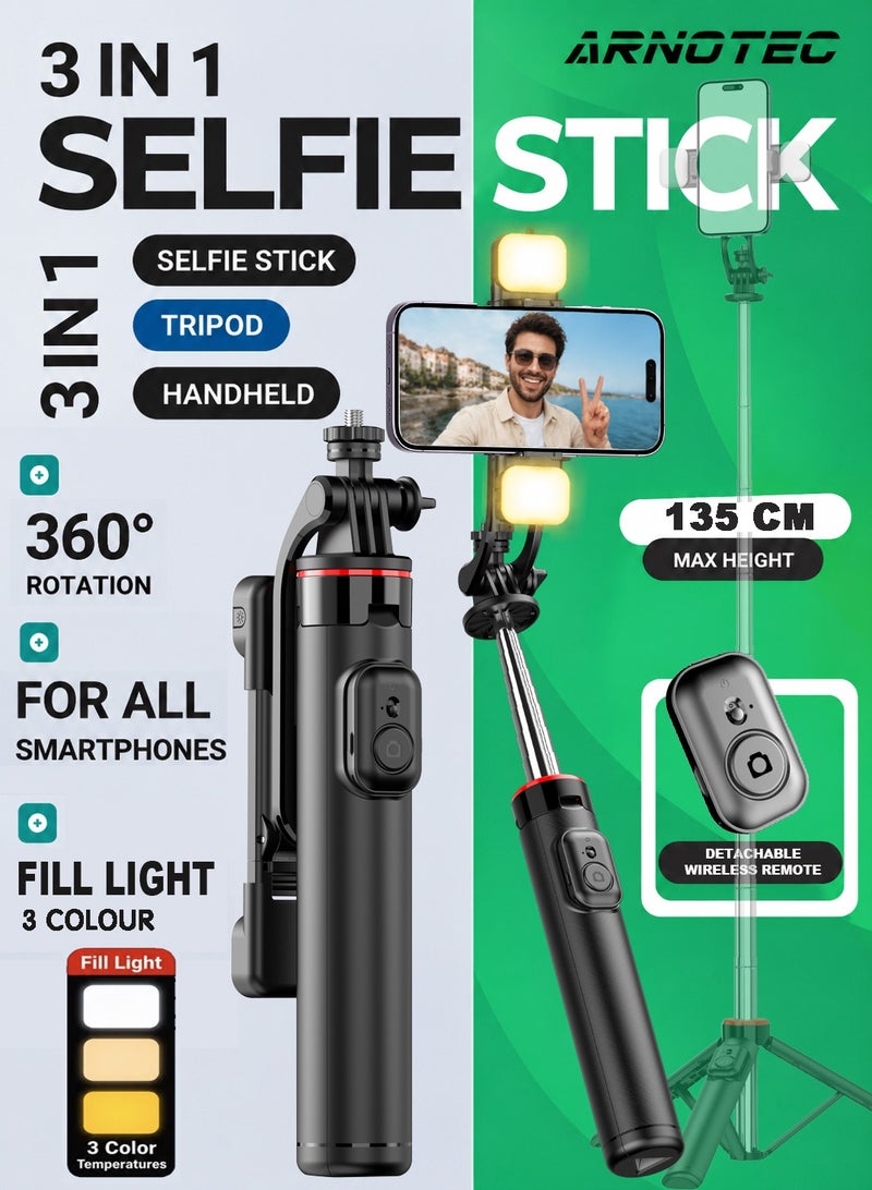 ARNOTEC 53 Inches(135cm) Selfie Sticks Tripod,Separate design smartphone tripod Stand with Wireless Remote Control and Double fill light Portable Retractable Cell Phone Tripod for iPhone/Samsung/GoPro/Android Phonem Length 135CM - Image 1