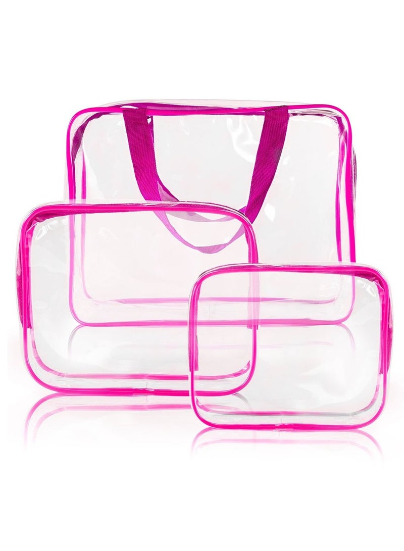 MARGOUN 3Pcs Clear Cosmetics Bag Toiletry Bag Transparent PVC Waterproof Travel Makeup Bag Organizer Clear/Pink - Image 1
