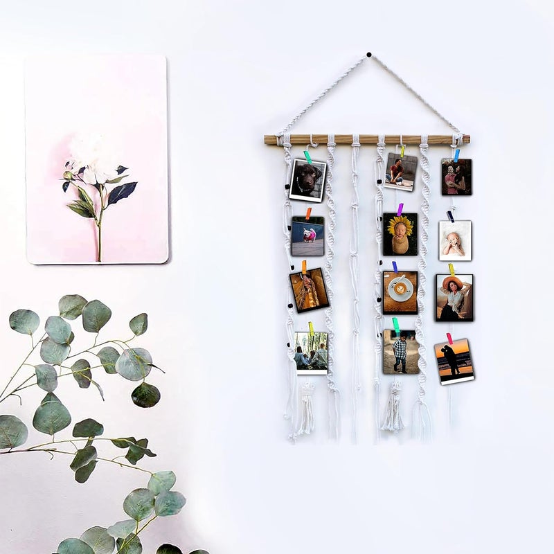 VAH- Kya Bat Hai !! VAH Kya Bat Hai White Jute Rope Macrame With Colourfull Wooden Clips and Beads Wall Dcor Photo Organizer Wall Hanging  - Image 2
