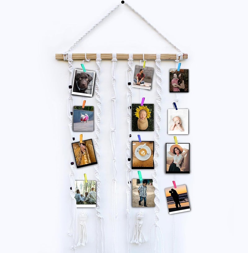 VAH- Kya Bat Hai !! VAH Kya Bat Hai White Jute Rope Macrame With Colourfull Wooden Clips and Beads Wall Dcor Photo Organizer Wall Hanging  - Image 1