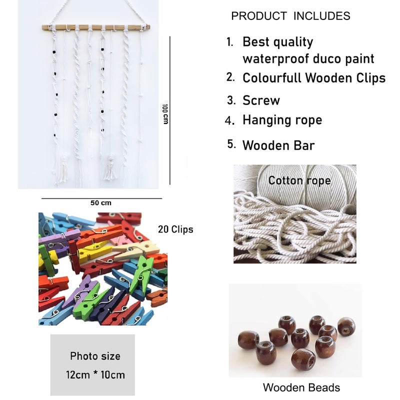 VAH- Kya Bat Hai !! VAH Kya Bat Hai White Jute Rope Macrame With Colourfull Wooden Clips and Beads Wall Dcor Photo Organizer Wall Hanging  - Image 5