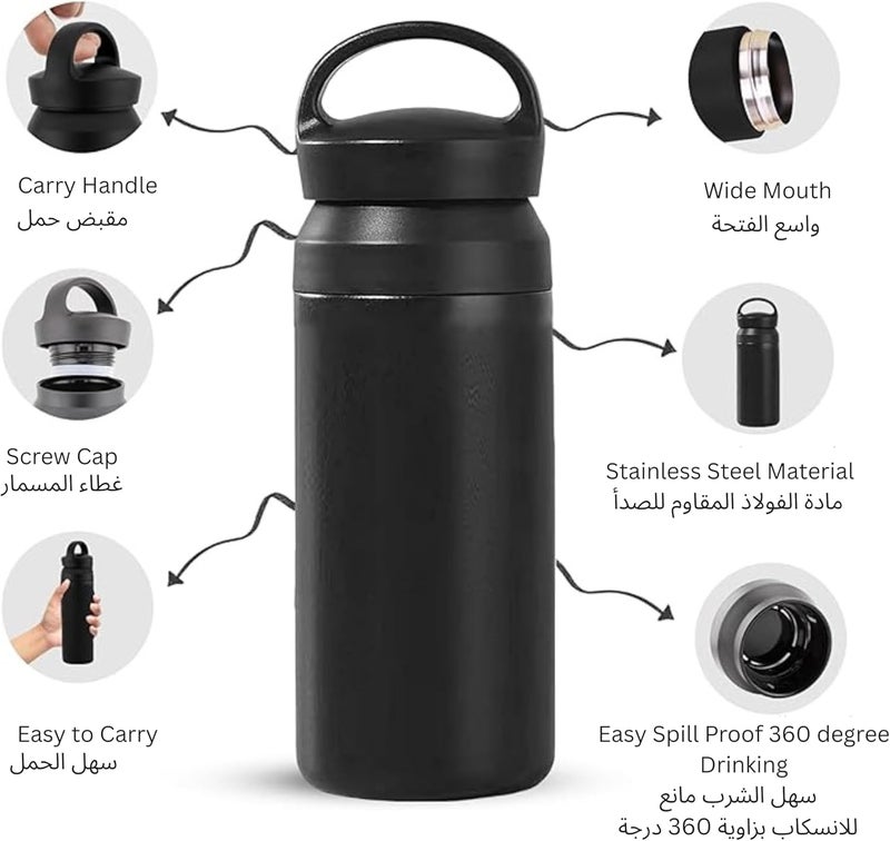 Cravista Stainless Steel Vacuum Insulated Thermos Bottle with Easy-to-Carry Hook Anti Scalding Reusable Tumbler Flask Sports Water Bottle for Hiking Biking Students Men Women (Black, 500) - Image 2