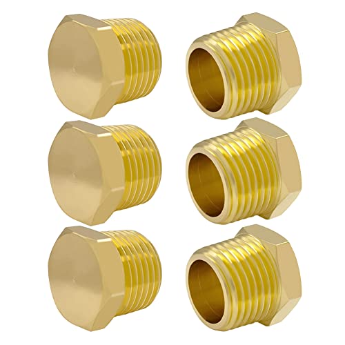 Hooshing 3/8" NPT Plug Brass Male Outer Hex Head Pipe Fitting, 6 Pack - Image 1