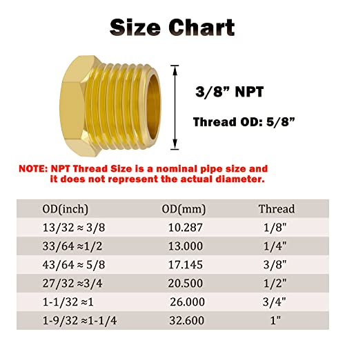Hooshing 3/8" NPT Plug Brass Male Outer Hex Head Pipe Fitting, 6 Pack - Image 2