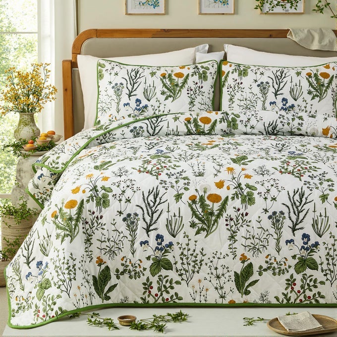 100 COTTON QUILT SET QUEEN SIZE GREEN VINTAGE FLORAL BEDSPREAD LIGHTWEIGHT COVERLET SET 3 PIECES REVERSIBLE ULTRA SOFT QUILTED FOR ALL SEASONS BREATHABLE EXQUISITE