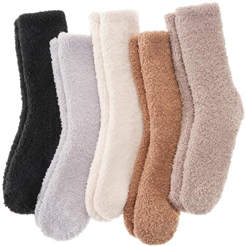 ANTSANG Fuzzy Socks for Women Men Slipper Fluffy Cozy Warm Winter Thick Plush Crew Socks 5 Pairs(Plain I,M) - Image 1