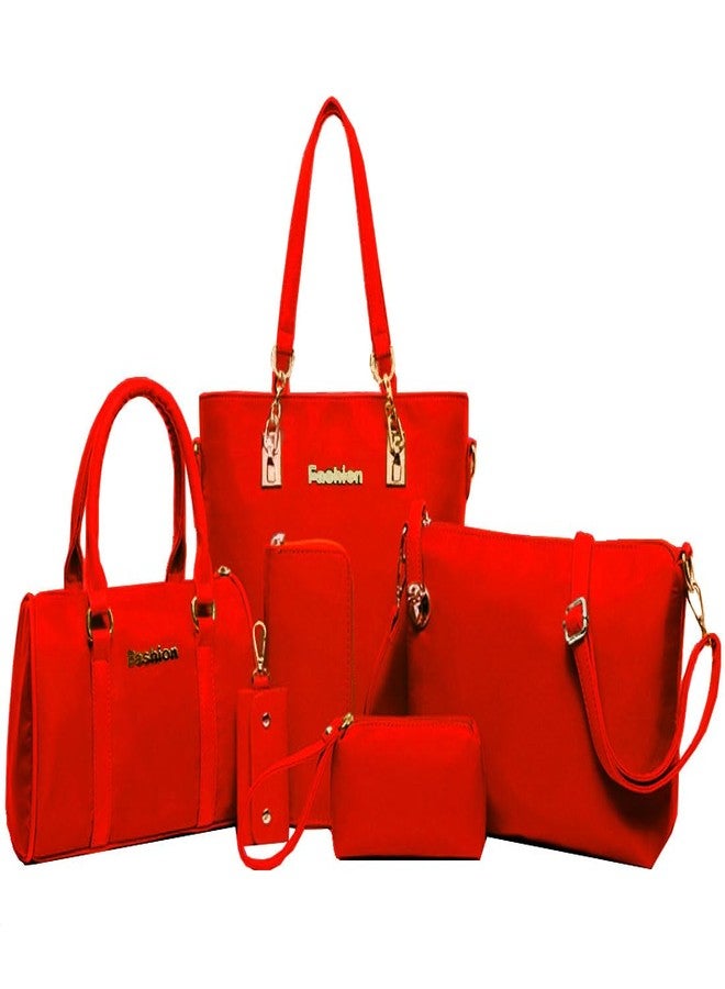 FiveloveTwo Women Ladies 6 Pcs Handbag Set Hobo Top Handle Bag Totes Satchels Crossbody Shoulder Bags and Purse Clutch (Red)