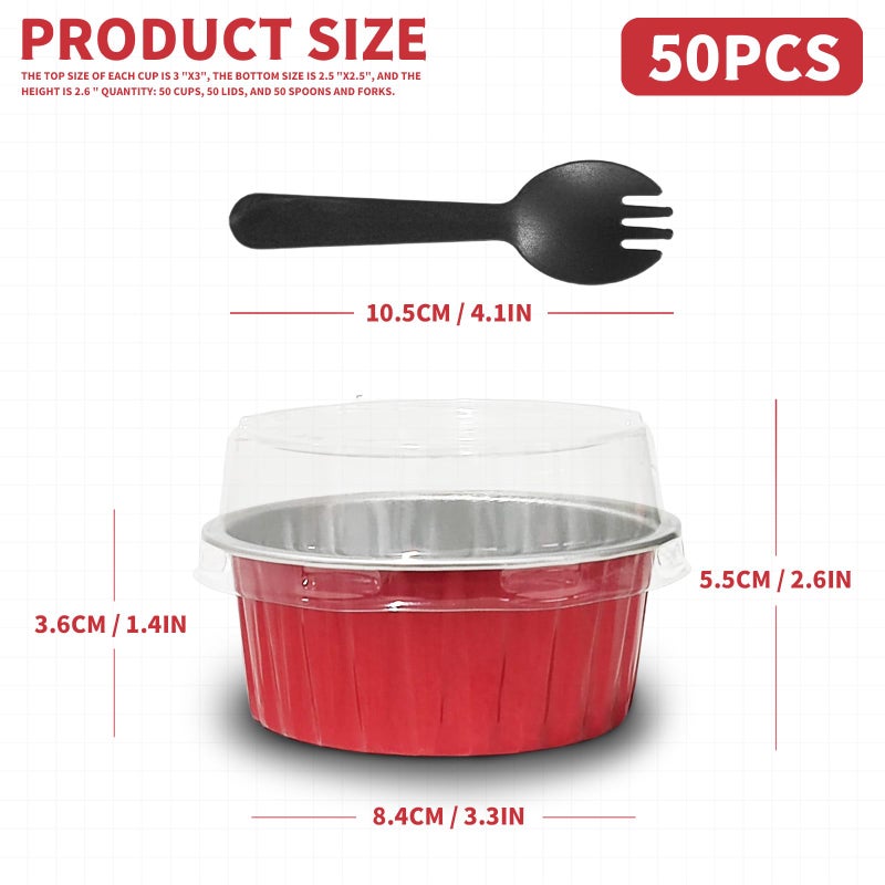 YOIYINI Valentine's Day 50Pcs Mini Aluminum Foil Cupcake Baking Cups,5oz Cake Pans Disposable,Mini Loaf Pans with Lids,Disposable Ramekins,Tin Cups Containers for Cupcake,Pudding,Muffin,Cheesecake(50, Red) - Image 2