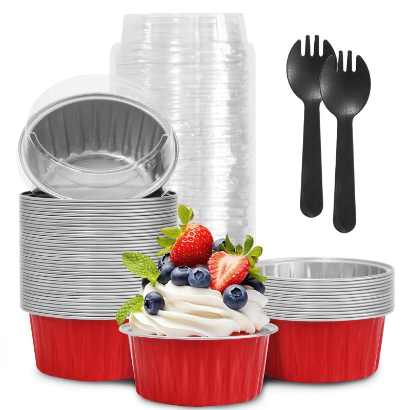 YOIYINI Valentine's Day 50Pcs Mini Aluminum Foil Cupcake Baking Cups,5oz Cake Pans Disposable,Mini Loaf Pans with Lids,Disposable Ramekins,Tin Cups Containers for Cupcake,Pudding,Muffin,Cheesecake(50, Red) - Image 1