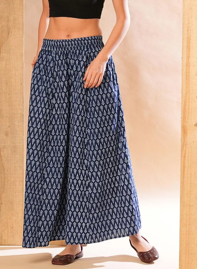 جلو باص بنطال بالازو بطبعة عرقية وخصر مطاطي ومقاطع