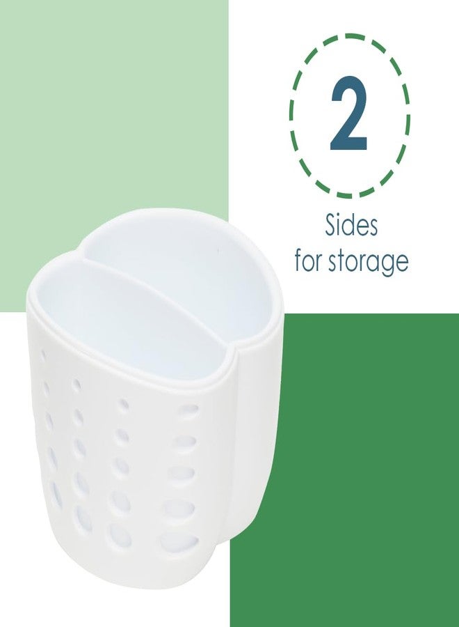 Home Basics Double Sponge Holder Kitchen Sink Caddy, Saddle Faucet Sink Soap Sponge Organizer With Drain Hole, White - Image 2